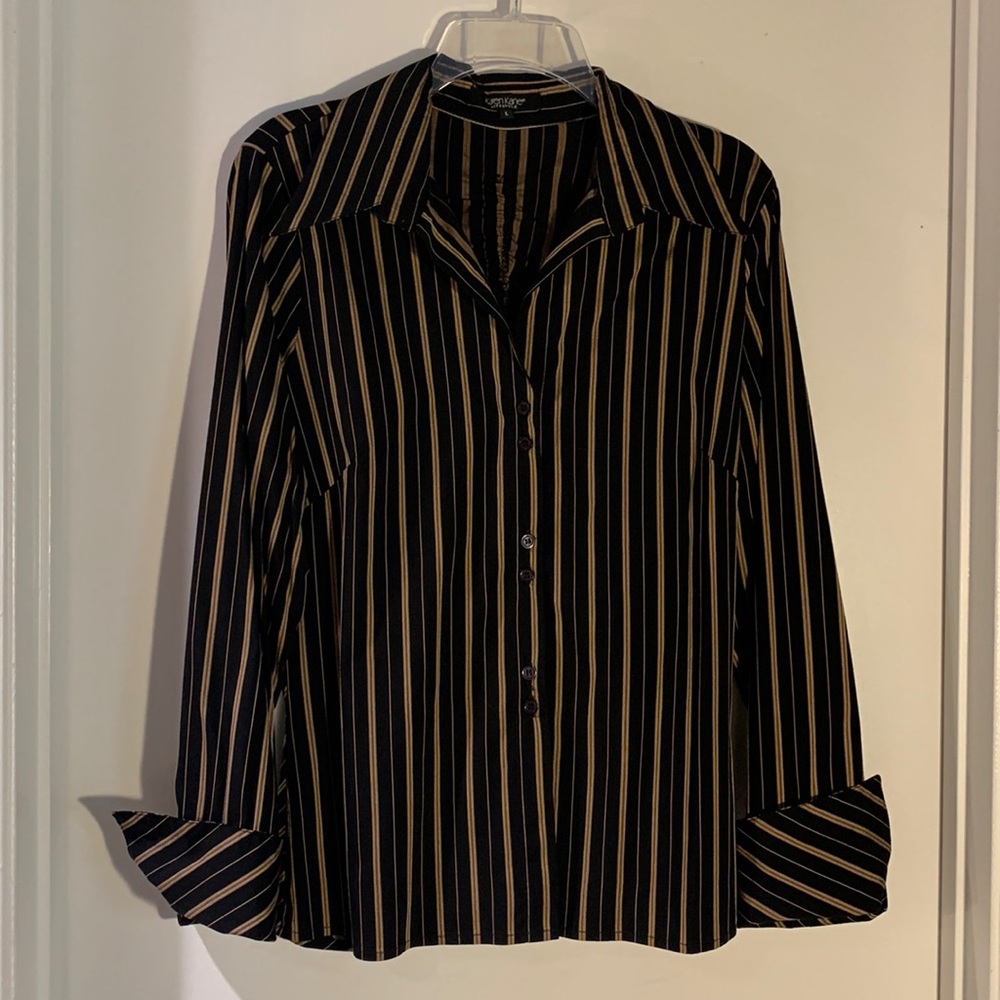KAREN KANE long sleeve black/beige stripe blouse with ruche detail on back